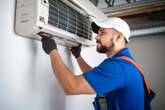 HVAC technician installing a mini split air conditioner in Walnut