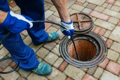 Plumber cleaning an outdoor sewer drain in Walnut
