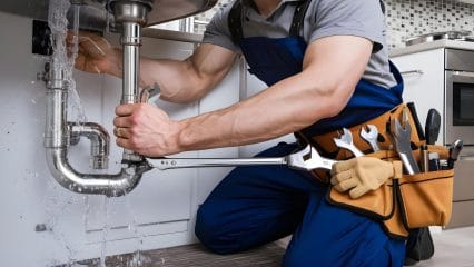 Plumber repairing pipes beneath a sink in Walnut